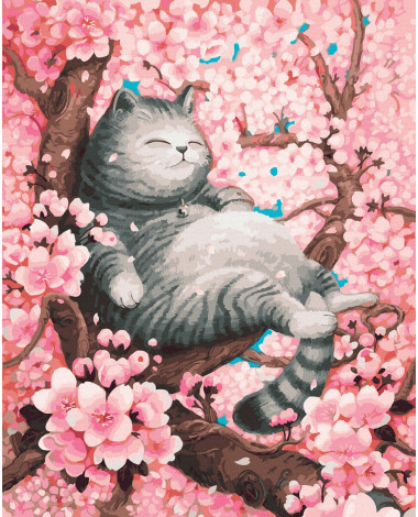 Szary pręgowany kot na sakura