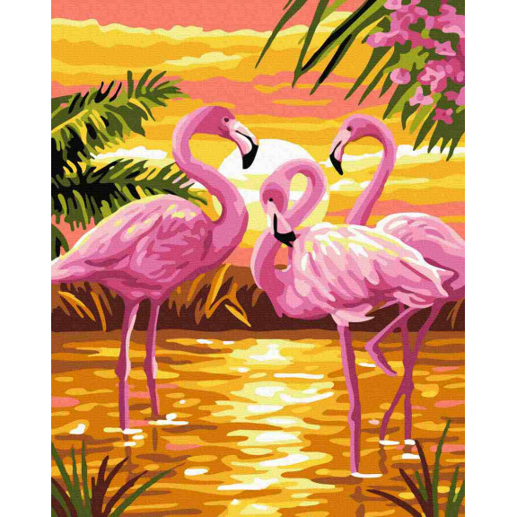 Flamingi o zachodzie słońca