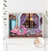 Różowy motorower w oknie przytulnej kawiarni